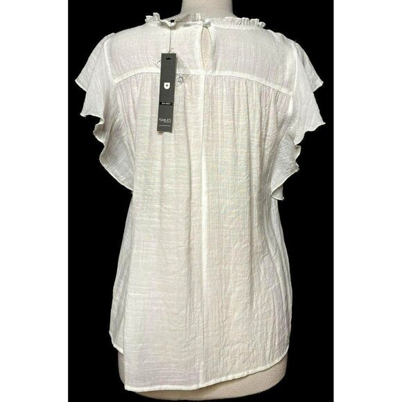 White Ruffled High Neck Blouse Sz M Flutter Sleeve Lace Detail Unique Spectrum - Picture 4 of 7